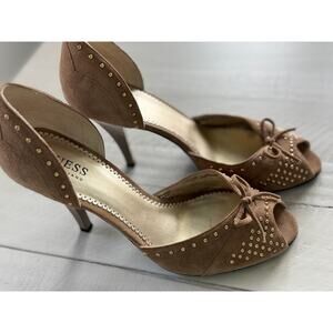 Guess by Marciano Tan Studded Peep-Toe Heels – Size 8.5 – Elegant and Chic
